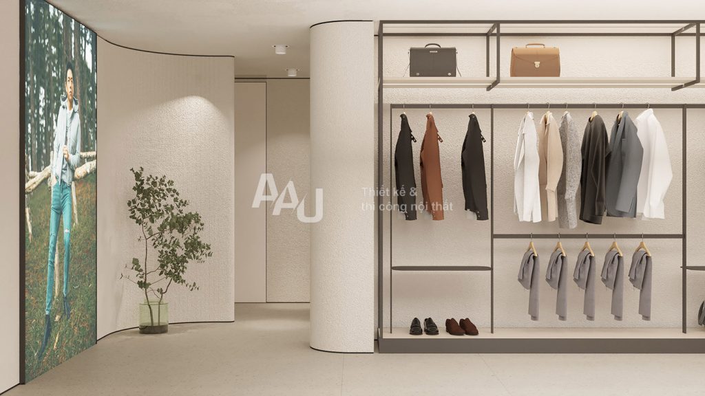 Thiết kế shop thời trang nam với mặt tiền đơn giản, sang trọng