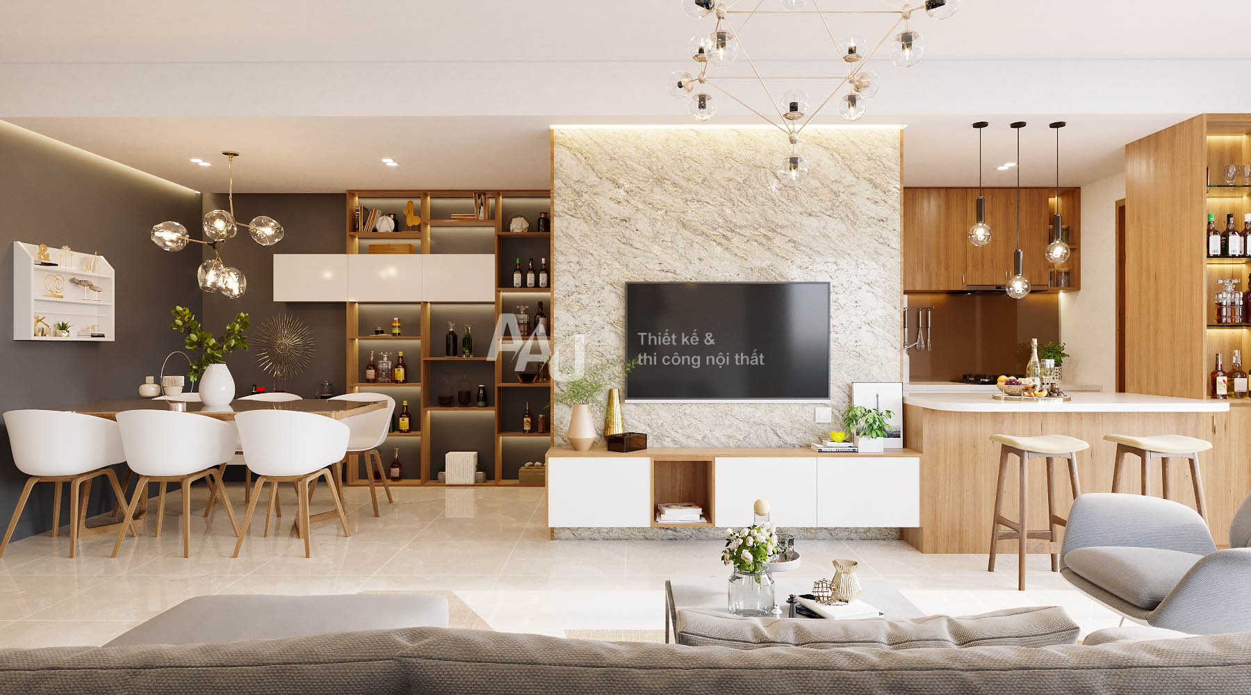 Hệ thống kệ tivi và quầy bar giúp ngăn cách không gian phòng khách và phòng bếp